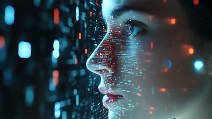 Female IT specialist learns to analyze code and data technology, cyber security, impact of artificial intelligence augmented reality, side profile, copy space. AI generation	