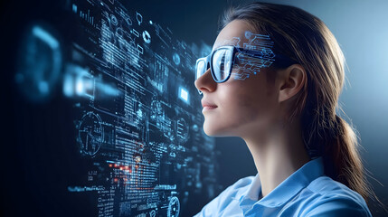 Female IT specialist learns to analyze code and data technology, cyber security, impact of artificial intelligence augmented reality, side profile, copy space. AI generation	