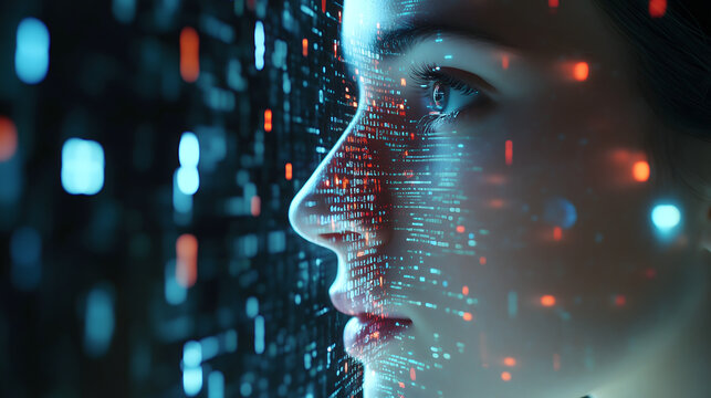 Female IT specialist learns to analyze code and data technology, cyber security, impact of artificial intelligence augmented reality, side profile, copy space. AI generation	