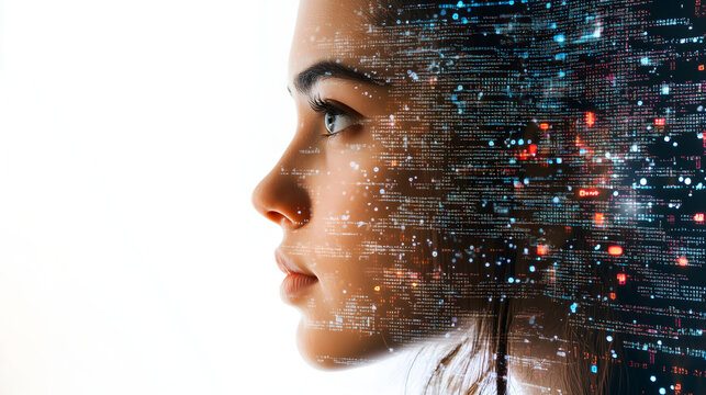 Female IT specialist learns to analyze code and data technology, cyber security, impact of artificial intelligence augmented reality, side profile, copy space. AI generation	