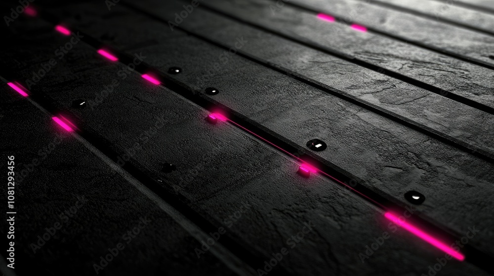 Poster abstract close-up of dark wooden surface with neon pink lines and reflective elements, creating a fu