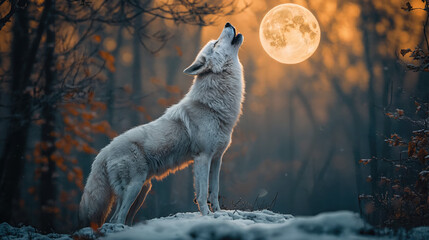 Ai generated image of a beautiful white wolf in the forest under the full moon 