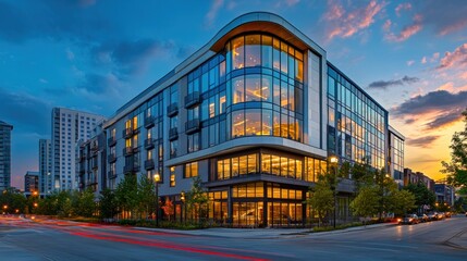 Modern building with large windows at sunset.