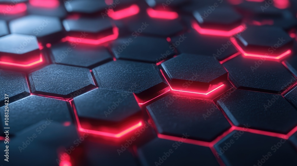 Aufkleber futuristic hexagonal pattern with neon red glows and dark surface, perfect for technology, science, 