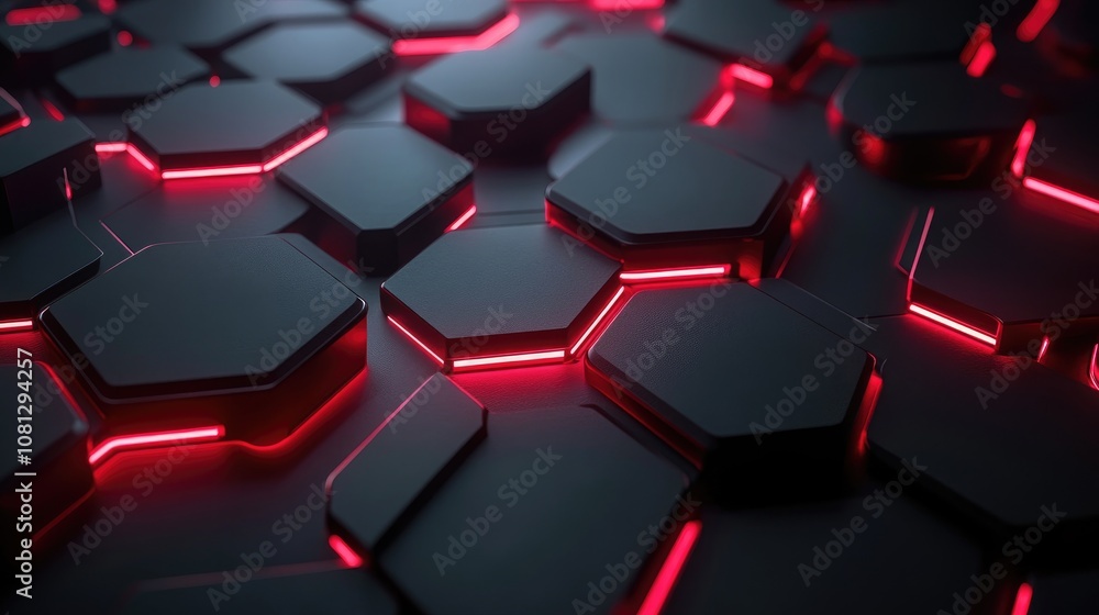 Poster futuristic hexagonal pattern with neon red lights on a dark surface creating an abstract, technologi