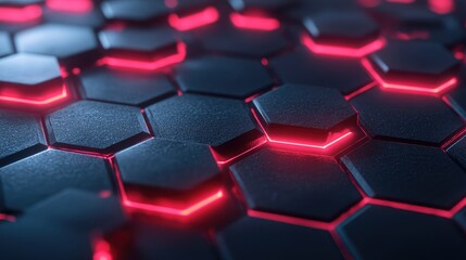 Obraz premium Futuristic Hexagonal Pattern with Neon Red Glows and Dark Surface, Perfect for Technology, Science, and Digital Concept Backgrounds for Various Projects and Designs