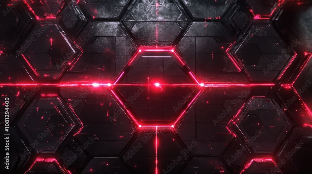 Poster futuristic hexagonal pattern with glowing red lines and bright center displaying high-tech aesthetic