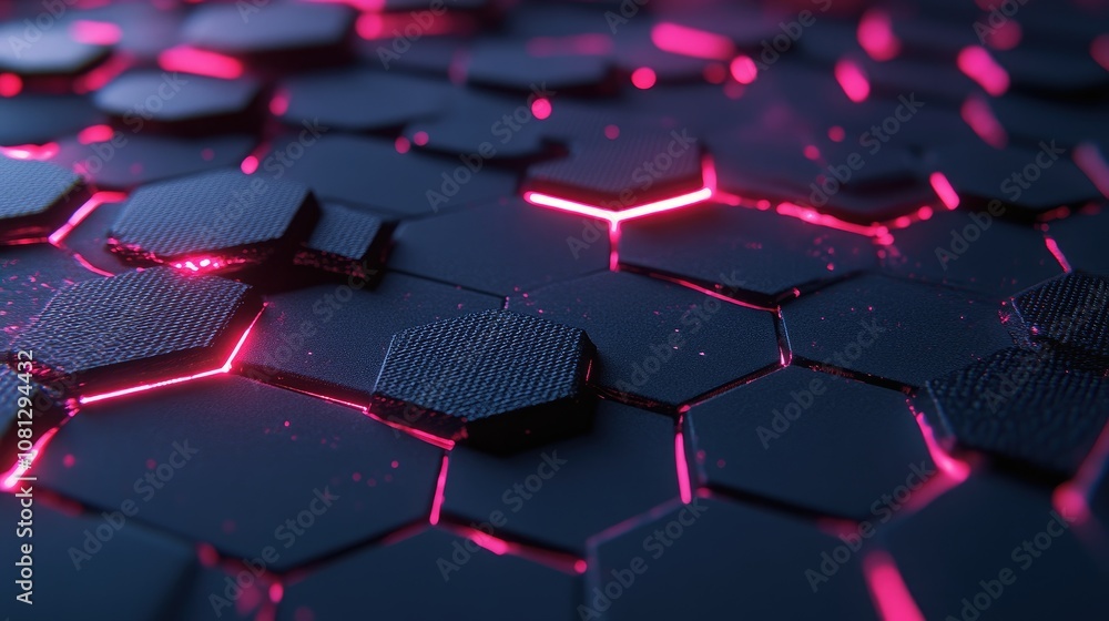 Poster futuristic hexagonal surface with neon pink lights illuminating the edges creating a high-tech and s