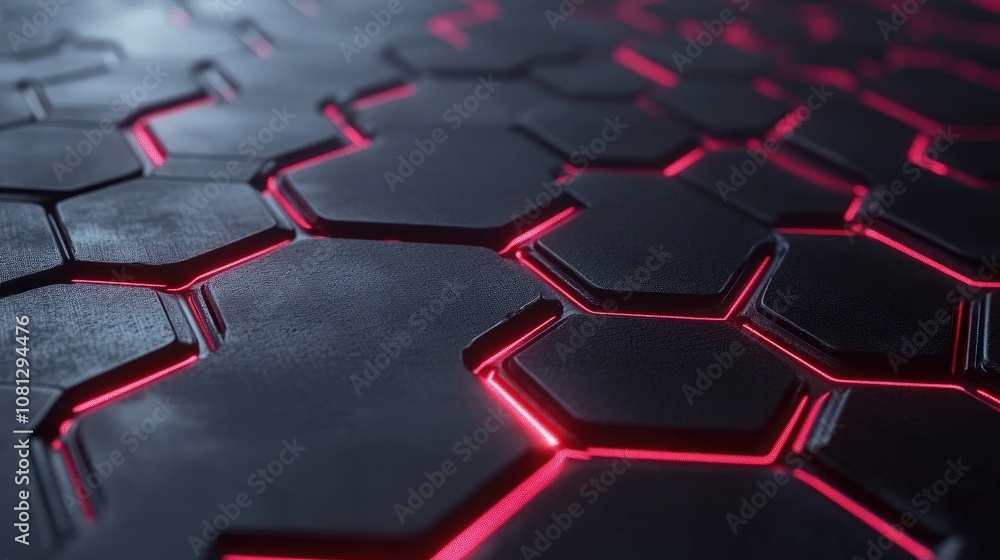 Poster abstract futuristic background featuring hexagonal tiles with glowing red lines, perfect for technol