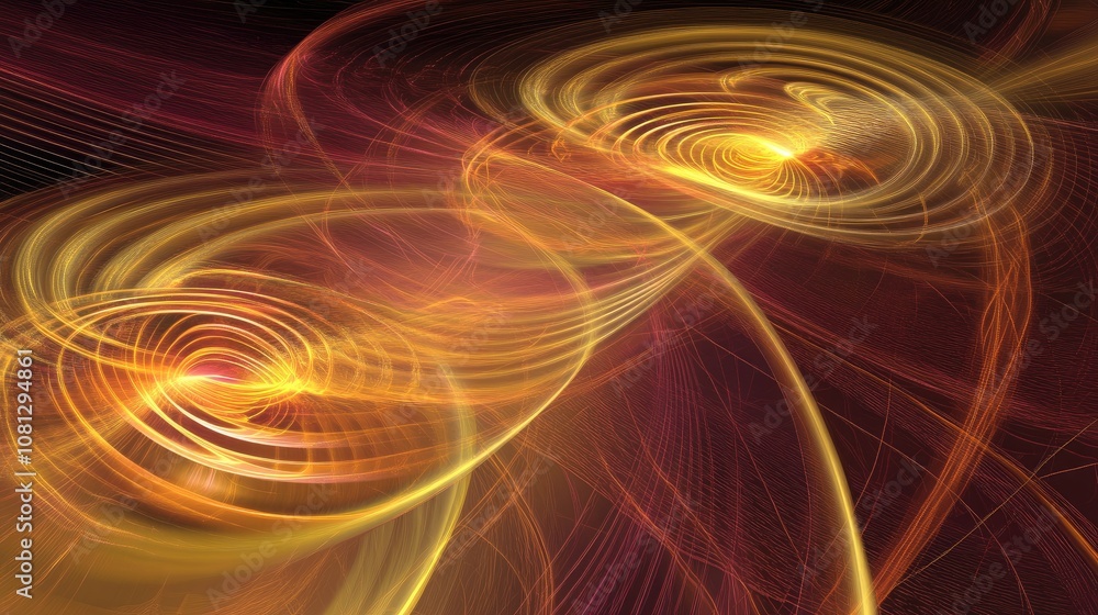 Poster abstract swirls of golden light and energy moving across a dark background, creating a dynamic and v