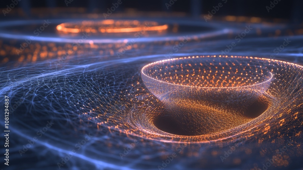 Poster abstract digital art of light waves and energy flow creating dynamic patterns in a futuristic enviro