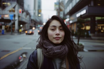 Fototapeta premium A woman stands confidently on the city street, her scarf adrift in the winter breeze, exuding urban poise and casual elegance.
