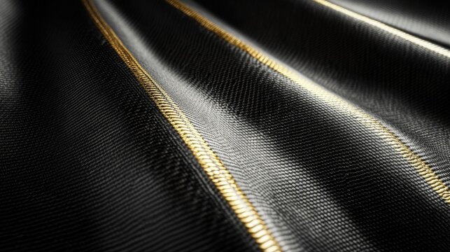 Close-up of Black Fabric with Glossy Texture and Golden Stripes Highlighting the Elegance and Luxury of High-End Material for Fashion or Design Projects