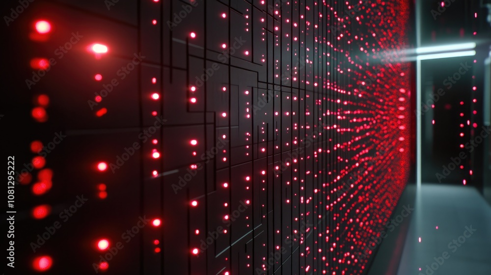 Poster futuristic digital corridor with glowing red lights and intricate circuit patterns creating an immer