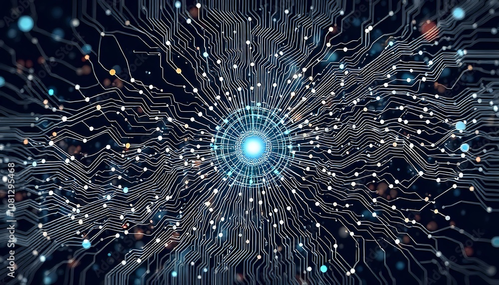 Poster futuristic circuit board network: advanced technology data visualization