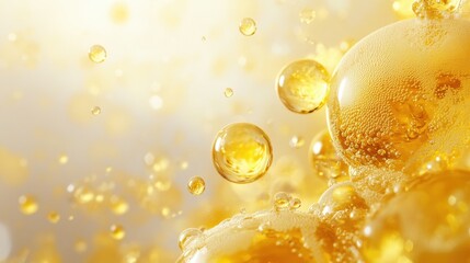 Golden bubbles float in a liquid. This photo is ideal for advertisements about beverages, cosmetics, and other products related to luxury and beauty.