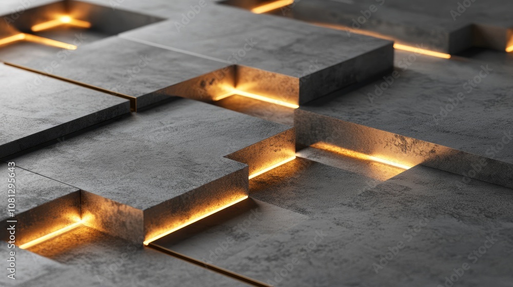 Poster abstract close-up view of geometric shapes in industrial design featuring illuminated edges, creatin