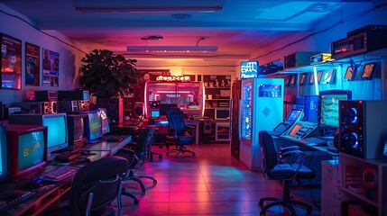 Naklejka premium A vibrant retro computer room filled with vintage monitors and gaming equipment, illuminated by colorful lights.