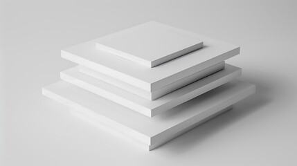 A minimalist arrangement of white geometric shapes stacked in layers, emphasizing simplicity and design.