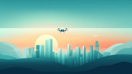 Fototapeta premium Drone Flying Over Cityscape at Sunset