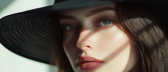 A portrait of a person in a black hat casting intriguing shadows over their face, capturing a mysterious and elegant expression.