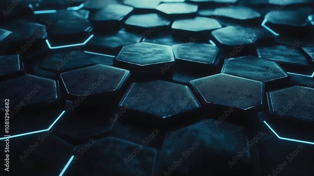 Poster futuristic hexagonal patterns with blue glowing lines on dark surface, creating an innovative and hi
