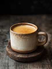 Fototapeta premium Enjoying a warm cup of coffee on a rustic wooden surface to enhance your morning routine