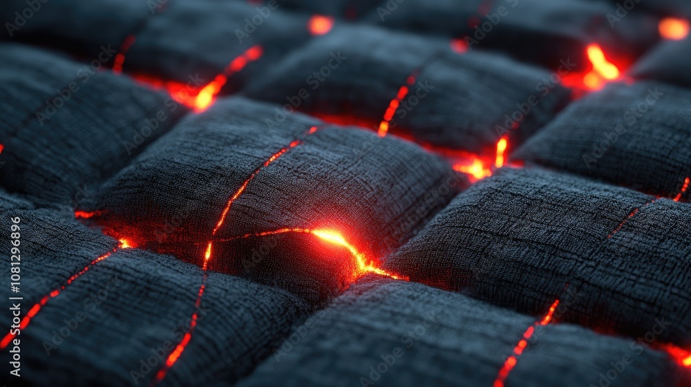 Poster textured surface with fiery glow, featuring red lava emanating through cracks in black fabric materi