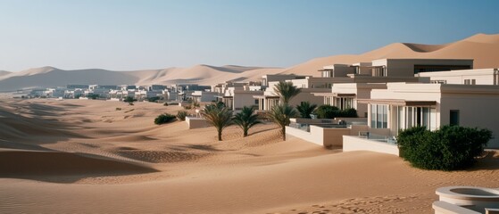 Obraz premium Luxurious desert villas blend harmoniously with rolling golden sand dunes under a clear blue sky, creating an oasis of modern elegance and serenity.