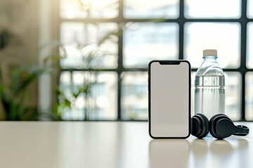 A smartphone featuring a blank screen sits on a table next to a water bottle and headphones, illuminated by natural light in a contemporary indoor space