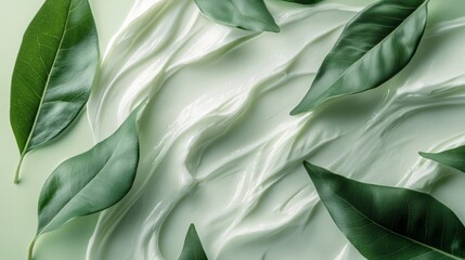 Green leaves on a textured creamy background