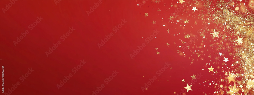 Poster a red background with gold stars scattered across the right side of the image