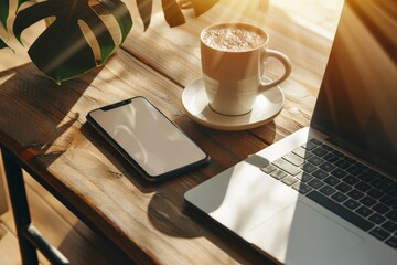 A smartphone rests on a wooden desk next to a steaming cup of coffee, with a laptop nearby, all bathed in warm morning sunlight, creating a cozy workspace atmosphere