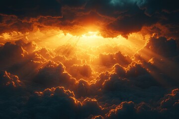 Dramatic golden light shines through a break in dark clouds.