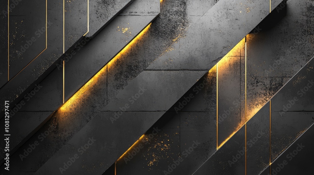 Poster abstract geometric background with dark textured surfaces and glowing golden lines creating a modern