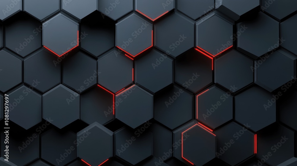 Poster abstract hexagonal pattern with glowing red lines on a dark background, creating a modern and futuri