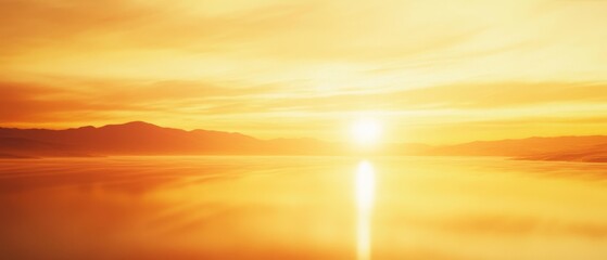 A golden sun rises over a tranquil lake, casting a warm, reflective glow on the still waters and painting the sky in ethereal hues.