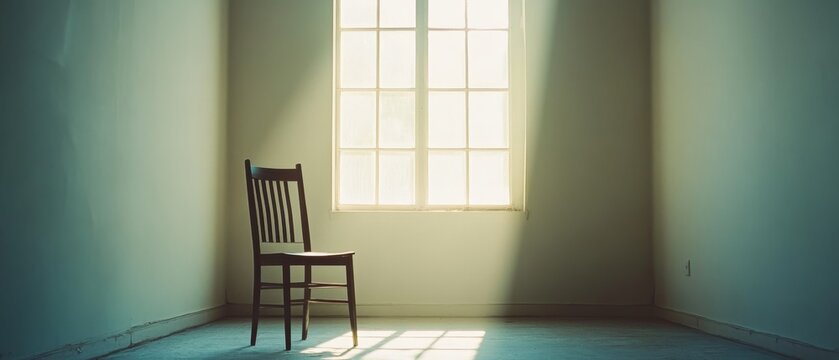 Lone wooden chair in a bare room, illuminated by soft sunlight through a large window, evoking solitude and simplicity.