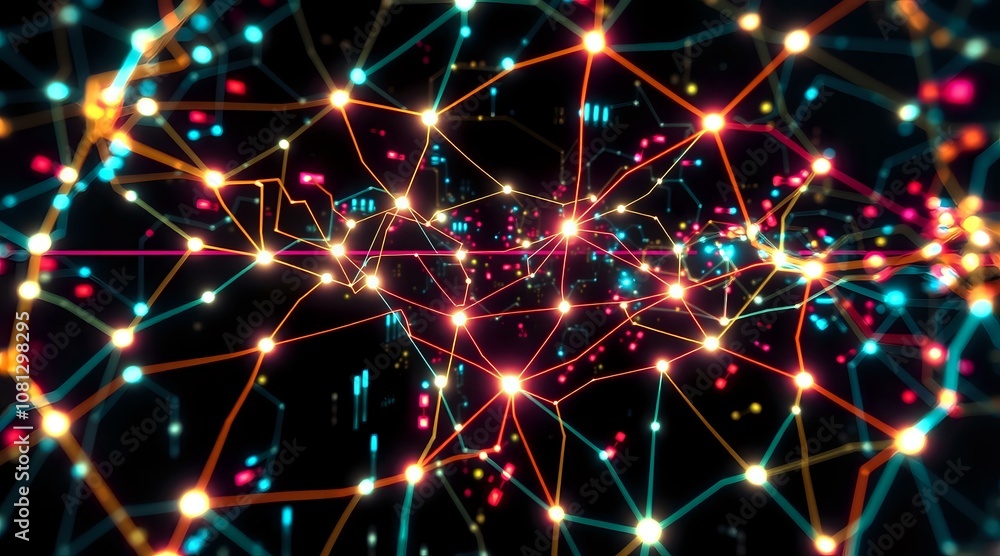 Poster cyberpunk grid network art - neon interconnected lines in abstract design