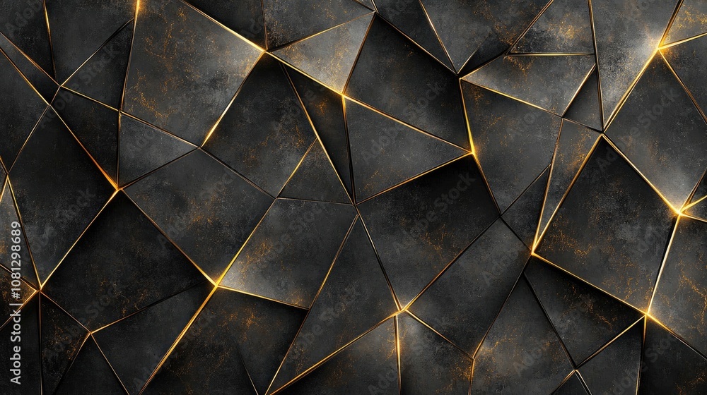 Poster abstract geometric background featuring dark gray jagged shapes with glowing golden edges creating a
