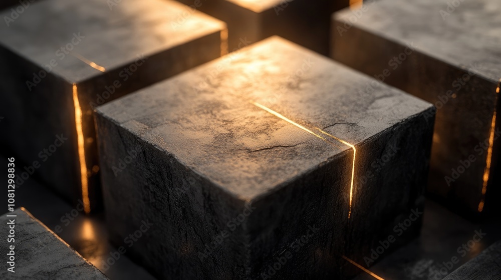 Poster abstract composition of illuminated cubes with textured surfaces creating an intriguing visual contr