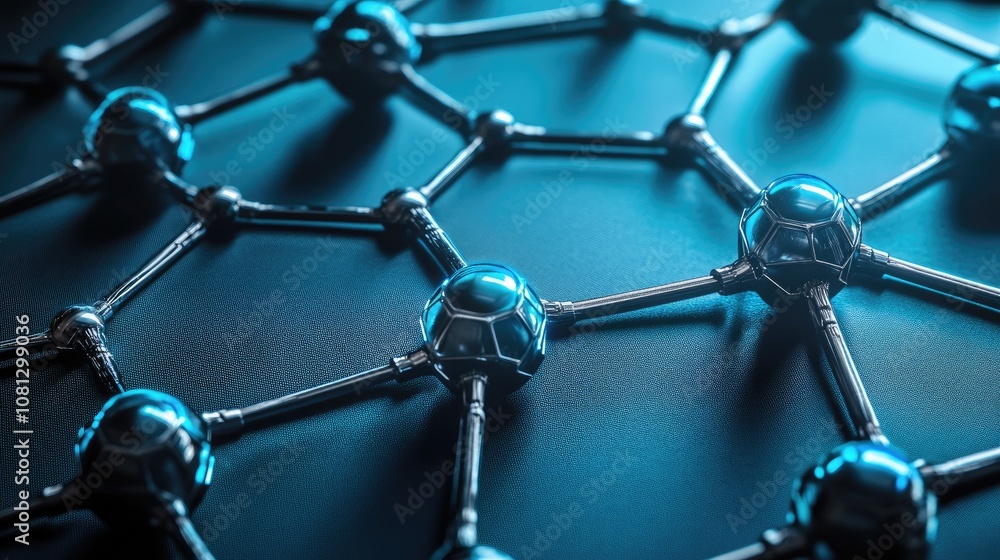 Poster intricate network of molecular structures with reflective nodes and modern design on a dark surface,