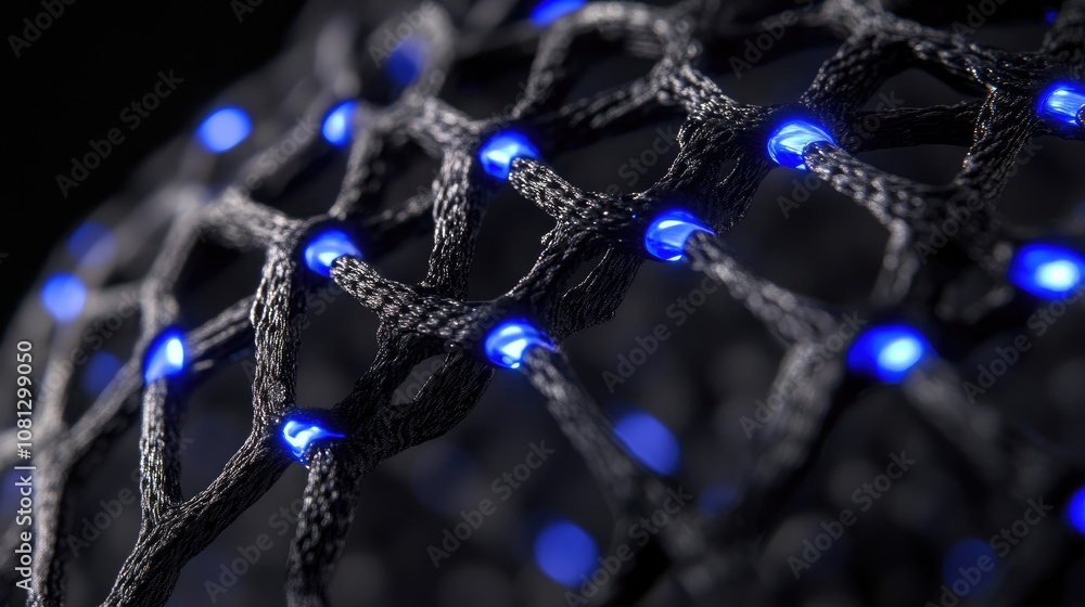 Poster intricate close-up of a geometric network structure with illuminated blue leds on a dark background 