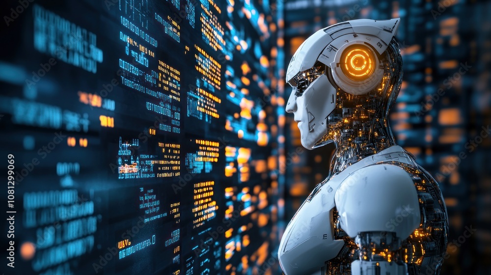 Poster futuristic robot interacting with digital data.