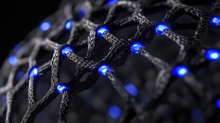 Intricate Close-Up of a Geometric Network Structure with Illuminated Blue LEDs on a Dark Background Highlighting the Interplay of Light and Design