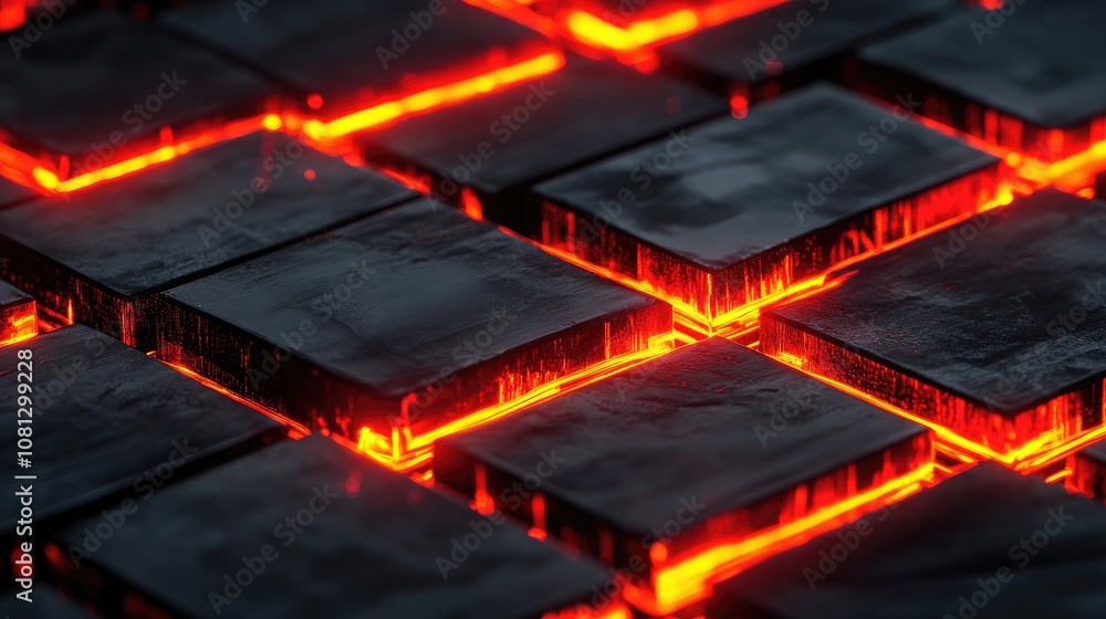 Poster dark glossy tiles with glowing red light beneath, creating a dynamic and futuristic texture for back