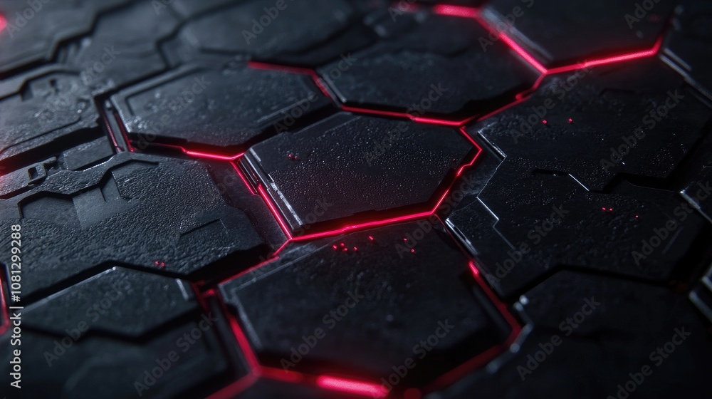 Poster abstract background featuring dark hexagonal tiles with glowing red highlights, ideal for technology