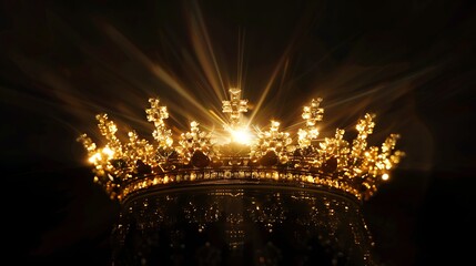 A beautifully illuminated golden crown, radiating light and elegance against a dark background.