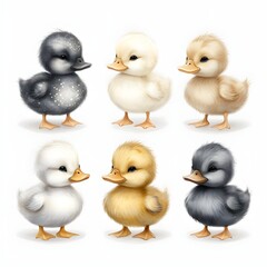 Fototapeta premium Set of 6 cute ducklings in variuos colors. Cute characters illustration. Lovely Easter animals. Kids room wall art.