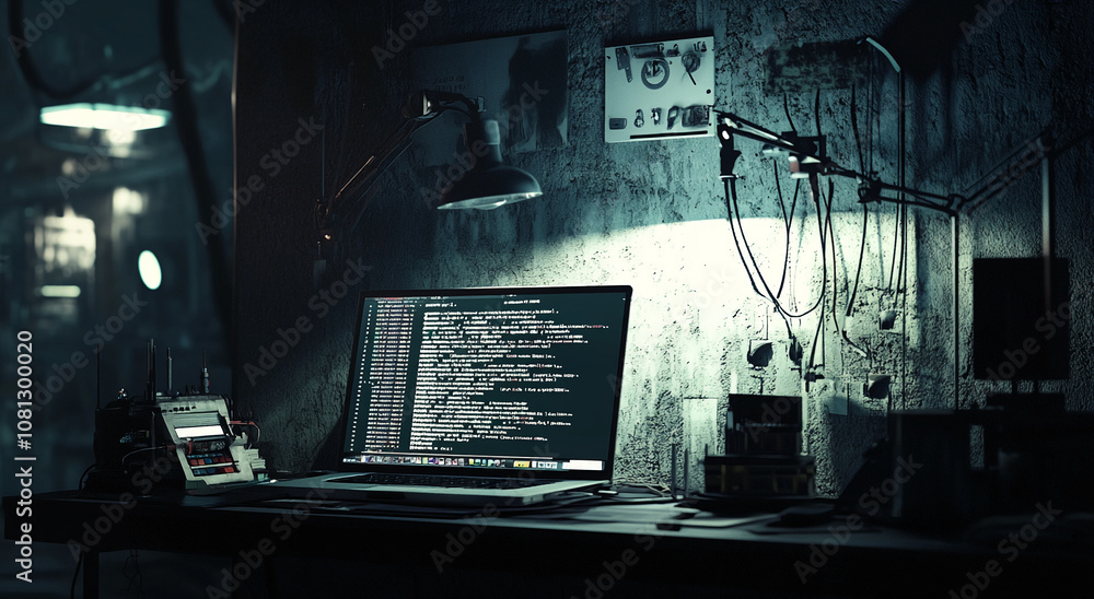 Poster A laptop with code on its screen sits on a desk in a dimly lit room with peeling walls and exposed wiring